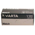 V303 Varta, Box 10 Pile Siver Oxide 1,55V. Equivalente: SR44SW, 303, D303, SB-A9, A, 280-08. IEC: SR44