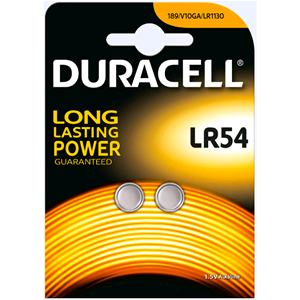 LR54/2 Duracell, Blister 2 pile Alcalina LR54. Equivalente: AG10, V10GA,  G10A, 10GA, 189, GP189, LR1130, L11