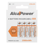 104010, AP2900ER-C4. Blister di 4 Batterie NI-MH AA 2900mWh PRONTE ALL'USO, Capacità 2900mA a norma IEC/EN61591-2. Marca: Alcapower