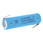 202919 Alcapower 18650, LIR18650HT. Accumul. Li-ion size 18650  3,7V 2600mAh con lamelle a saldare. ATTENZIONE ! Batteria senza circuito elettronico di sicurezza. Per la fornitura occorre inviare la lettera di manleva compilata e firmata